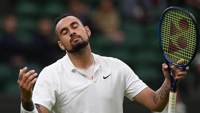 Australia's Nick Kyrgios reacts to his return being ruled out during play against France's Ugo Humbert. Picture: AFP