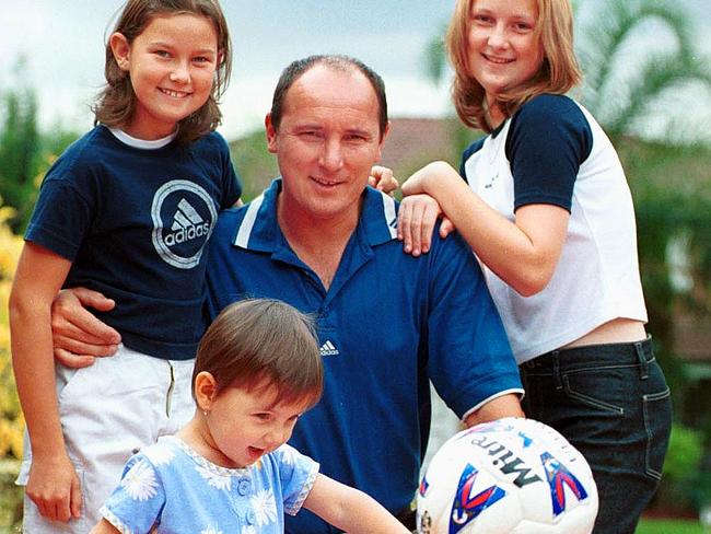 Adriana with her father Velimir Kupresak at home in 2001 when his retirement was announced from the Sydney United soccer club with (L) Diana - 10yo and Ivana (2). Picture: Dean Marzolla.