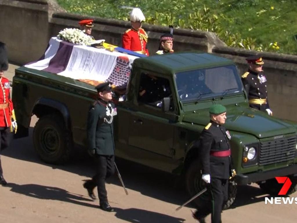 The specially designed Land Rover carrying Prince Philip’s coffin. Picture: Channel 7