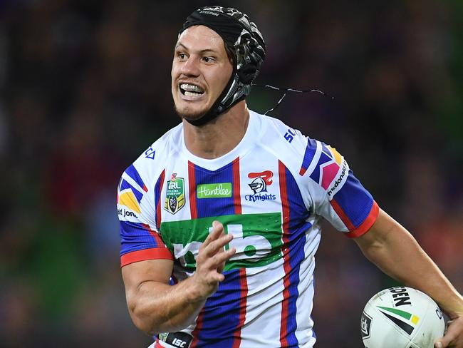 Kalyn Ponga of the Knights is seen in action during the Round 6 NRL match between the Melbourne Storm and the Newcastle Knights at AAMI Park in Melbourne, Friday, April 13, 2018. (AAP Image/Julian Smith) NO ARCHIVING, EDITORIAL USE ONLY (AAP Image/Julian Smith) NO ARCHIVING, EDITORIAL USE ONLY