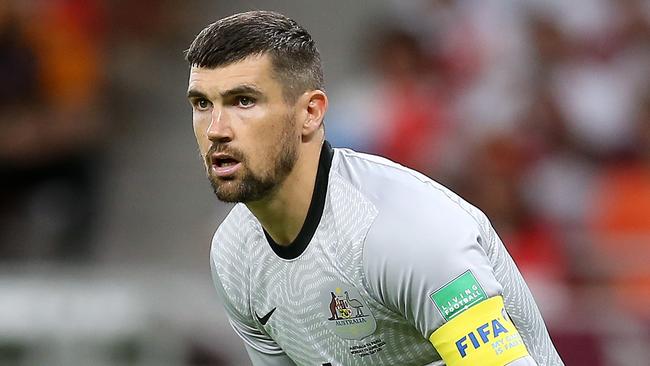 DOHA, QATAR - JUNE 13: Mathew Ryan of Australia looks on during the 2022 FIFA World Cup Playoff match between Australia Socceroos and Peru at Ahmad Bin Ali Stadium on June 13, 2022 in Doha, Qatar. (Photo by Mohamed Farag/Getty Images)