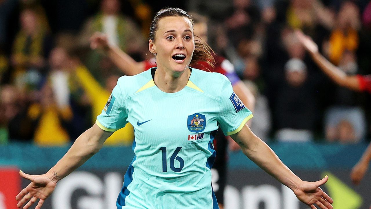 Hayley Raso celebrates a goal against Canada. Photo: Mark Stewart