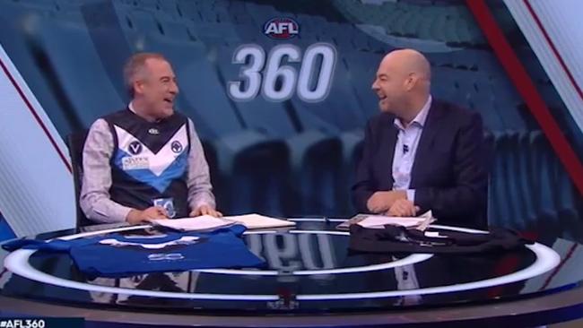 Gerard Whateley and Mark Robinson filmed an AFL 360 segment to promote Mazenod College's Founders Day 50th birthday.