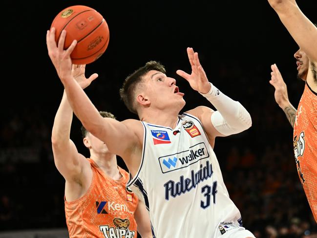 CAIRNS, AUSTRALIA - SEPTEMBER 28: Dejan Vasiljevic of the 36ers  in action during the round two NBL match between Cairns Taipans and Adelaide 36ers at Cairns Convention Centre, on September 28, 2024, in Cairns, Australia. (Photo by Emily Barker/Getty Images)