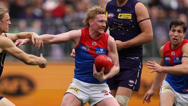 PERTH, AUSTRALIA - JULY 21: Clayton Oliver of the Demons iaduring the round 19 AFL match between Fremantle Dockers and Melbourne Demons at Optus Stadium, on July 21, 2024, in Perth, Australia. (Photo by Paul Kane/Getty Images)
