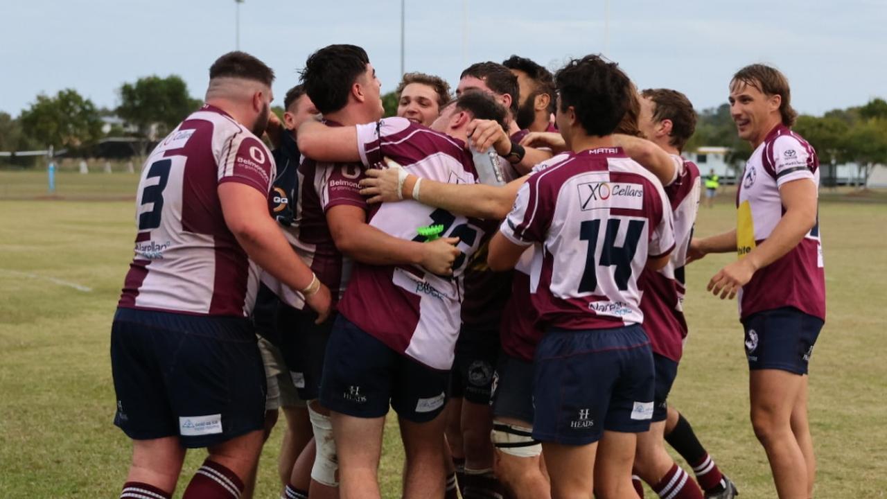 Noosa Dolphins players maul goalkicker Joey Caputo following his match winning conversion. Picture: Facebook.