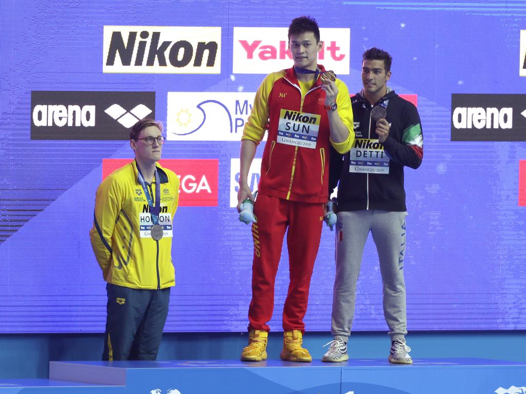 Mack Horton, Sun Yang and Gabriele Detti. (AP Photo/Mark Schiefelbein)