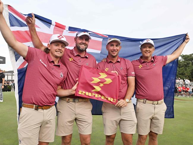 (L-R) Australia's Cameron Smith, Marc Leishman, Lucas Herbert, and Matt Jones of Ripper GC celebrate winning the team competition after the final round of LIV Golf Adelaide at the Grange Golf Club in Adelaide on April 28, 2024. (Photo by Brenton Edwards / AFP) / -- IMAGE RESTRICTED TO EDITORIAL USE - STRICTLY NO COMMERCIAL USE --