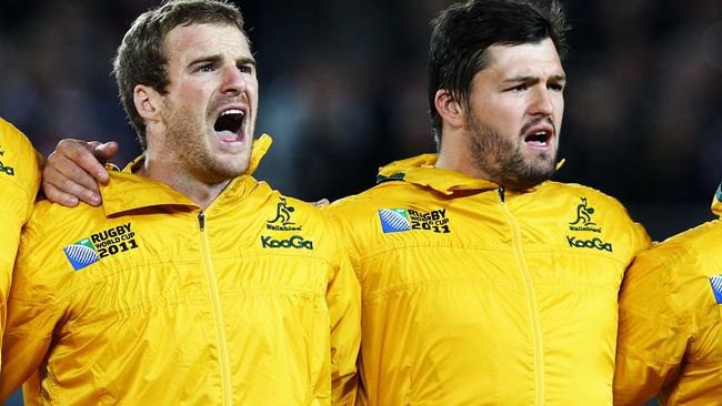 Pat McCabe and Adam Ashley-Cooper sing the national anthem ahead of a Wallabies Test.