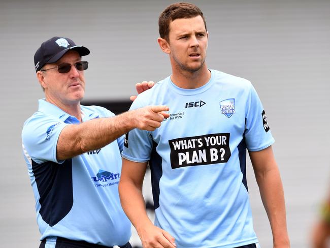 Coach Geoff Lawson with Australian paceman Josh Hazlewood. Picture: AFP