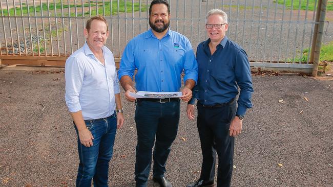 ‘Build it and they will Come’ is the motto AFLNT and Larrakia Development Corporation officials are using for a proposal to build a $300 million sports stadium in Darwin’s CBD. From left, AFLNT CEO Stuart Totham, Larrakia DC CEO Nigel Browne and AFLNT chairman Sean Bowden at the proposed Stadium site on McMinn St. Picture GLENN CAMPBELL