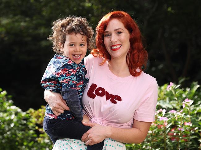 NSW MasterChef contestant and stay-at-home mum Sarah Clare, 33, with her three-year-old son Elvis at home in Lane Cove. Picture: Brett Costello