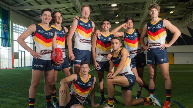 Adelaide Crows draftees at the training facility in West Lakes. Left to right: Back: Chayce Jones, Will Hamill, Kieran Strachan, Tyson Stengle, Shane McAdam, Jordan Butts; Front: Ned McHenry, Lachlan Sholl. Picture: Alex Aleshin