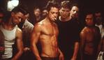 Actor Brad Pitt (cigarette) with Ed (Edward) Norton and others in scene from film ''Fight Club''. /Films/Titles/Fight/Club