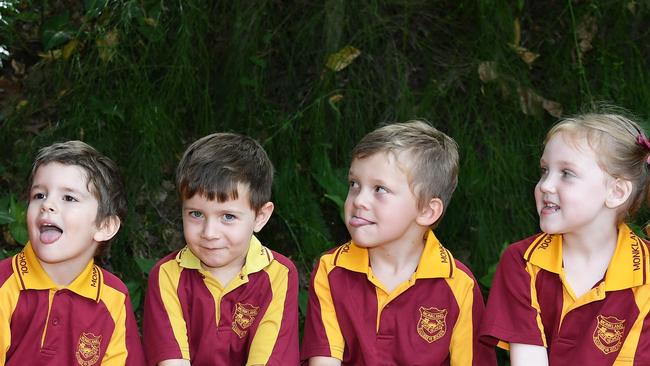 MY FIRST YEAR: Funny Faces. Monkland State School Preps, Gympie. (LtoR) Teacher aide Shirl Bembrick, Buddy Colbourn, Oliver Hussie, Jonty Bailey, Tayla Bailey, Archie Negus, Braxton Russell and Teacher Su Foster. Picture: Patrick Woods.