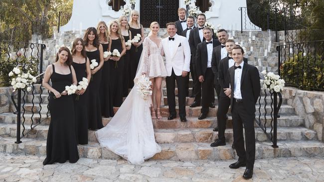 Karl Stefanovic and Jasmine Yarbrough with their bridal party at their wedding in Cabo. Picture: Supplied