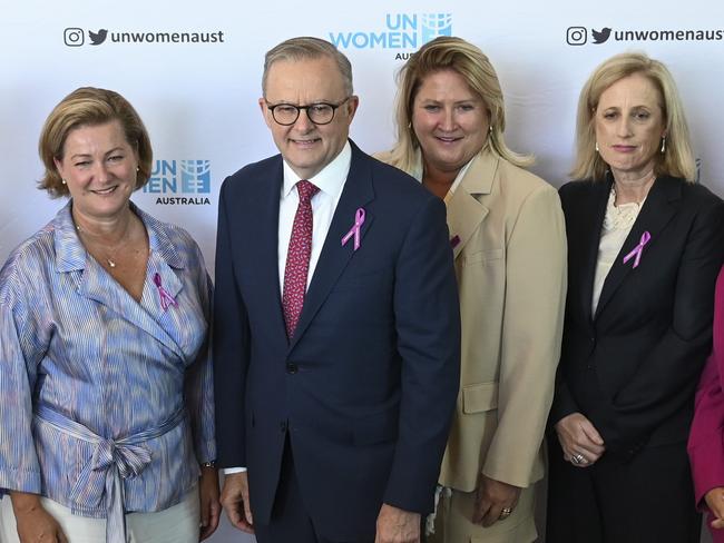 CANBERRA, AUSTRALIA, NewsWire Photos. FEBRUARY 7, 2024: The Prime Minister, Anthony Albanese and female MPs and Senators attends the UN International Women's Day Parliamentary Breakfast at Parliament House in Canberra. Picture: NCA NewsWire / Martin Ollman