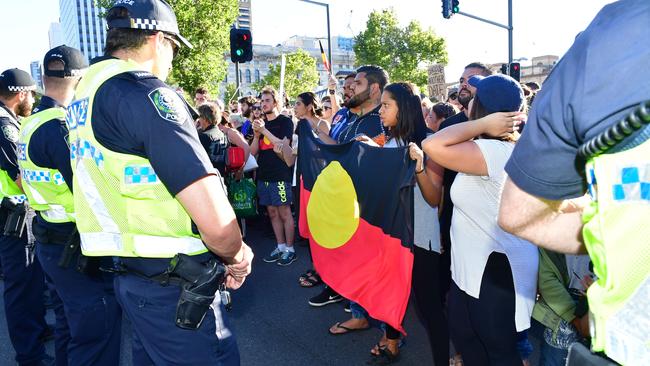 Protesters block the Australia Day parade on King William street in 2017. Picture Mark Brake