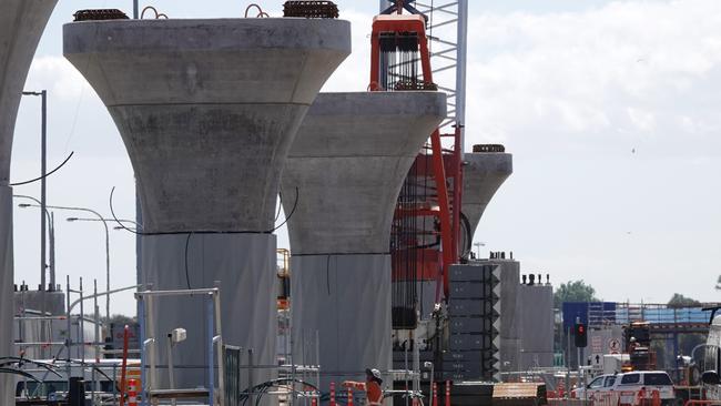 Crews have worked to build bridges and overpasses while tunnel work is on hold. Picture: Alex Coppel.