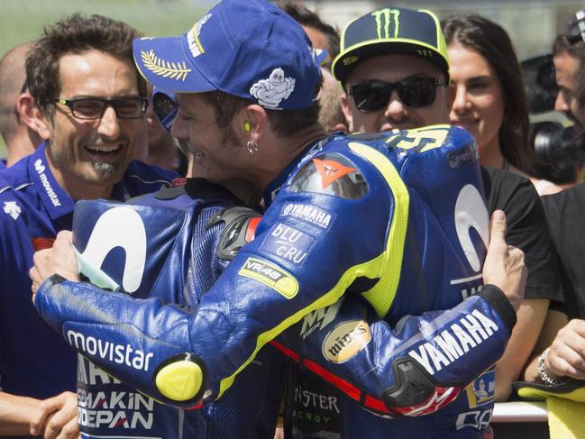 SCARPERIA, ITALY - JUNE 02:  Valentino Rossi of Italy and Movistar Yamaha MotoGP celebrates with Maverick Vinales of Spain and  Movistar Yamaha MotoGP (L)  at the end of the qualifying practice during the MotoGp of Italy - Qualifying at Mugello Circuit on June 2, 2018 in Scarperia, Italy.  (Photo by Mirco Lazzari gp/Getty Images)