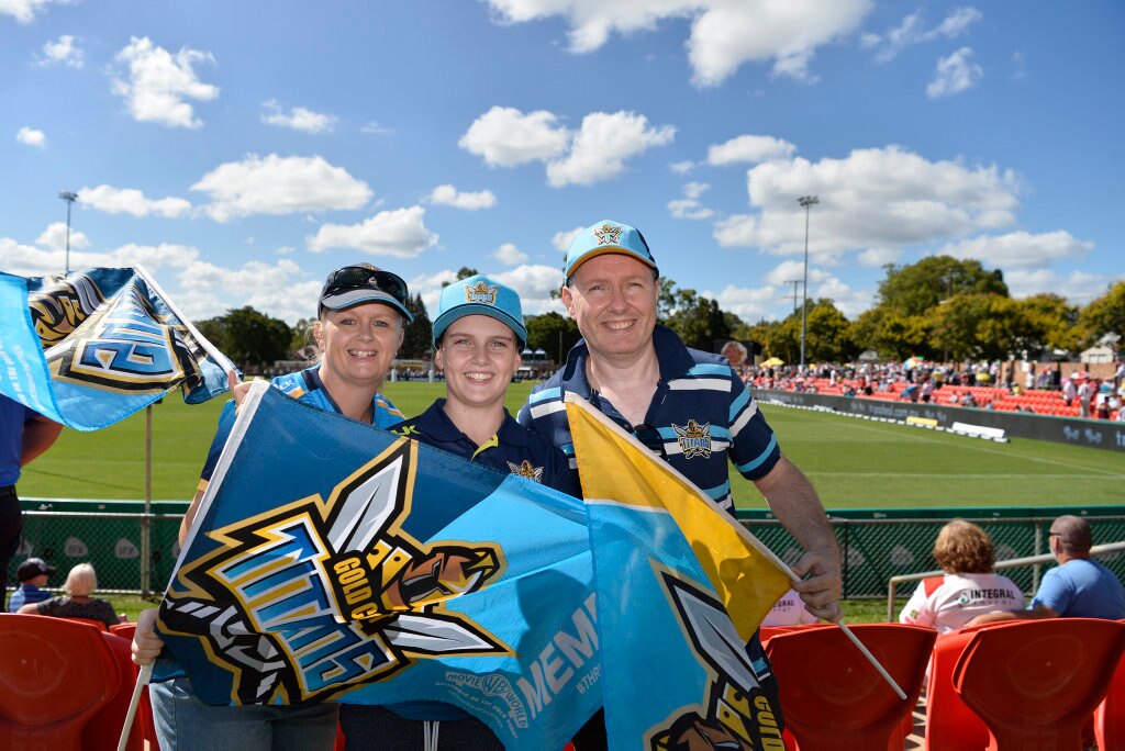 Gold Coast Titans fans (from left) Karen, Alex and Paul McDonald ready for the clash against St George Illawarra Dragons in NRL round 3 at Clive Berghofer Stadium, Sunday, March 25, 2018. Picture: Kevin Farmer