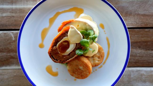 Chorizo scotched egg, and sweet corn, zucchini and ricotta fritters.