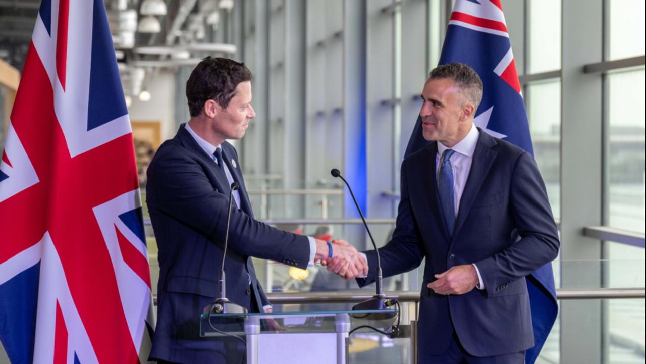 Premier Peter Malinauskas and UK Defence Procurement Minister Alex Chalk at the Barrow-in-Furness nuclear submarine shipyard operated by BAE Systems. Picture: Paul Starick