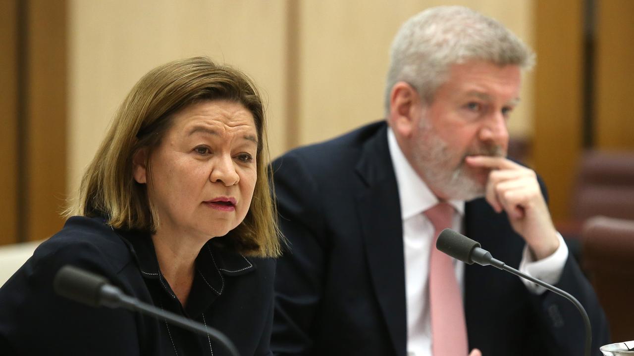 Michelle Guthrie and Communications Minister Mitch Fifield appearing at a Senate Environment and Communications Legislation Committee. Picture Kym Smith