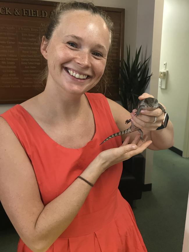 Redlynch State College primary school teacher Jenna Brown, currently battling Covid reinfection, pictured here in March 2021 rescuing a blue tongue lizard on the school grounds. Picture: supplied