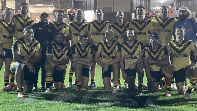 The Oaks Tigers in the club's retro jerseys after the 46-6 victory over Campbelltown City in R5 on Saturday night, May 10, 2025 at Dudley Chesham Sports Ground. Picture: Jason Hosken