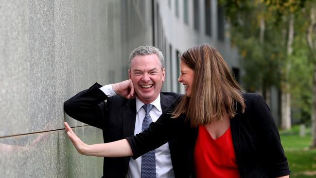 LET’S FLEE THIS HOLE: Retiring SA politicians Christopher Pyne and Kate Ellis plan their getaway from Parliament House in Canberra. Picture: Kym Smith