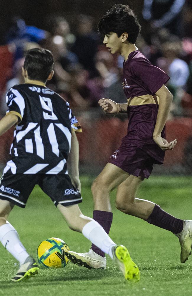 Joseph Page of TAS United against Willowburn in Football Queensland Darling Downs Community Juniors U13 Junior League grand final at Clive Berghofer Stadium, Friday, August 30, 2024. Picture: Kevin Farmer