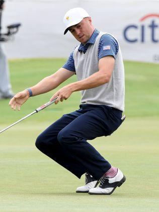 Justin Thomas wills a putt home during the second day of the Presidents Cup. 