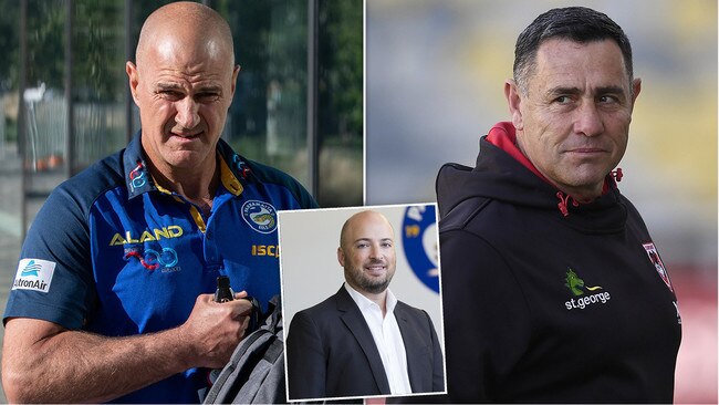 Parramatta coach Brad Arthur, Shane Flanagan and (inset) Eels chief executive Jim Sarantinos.