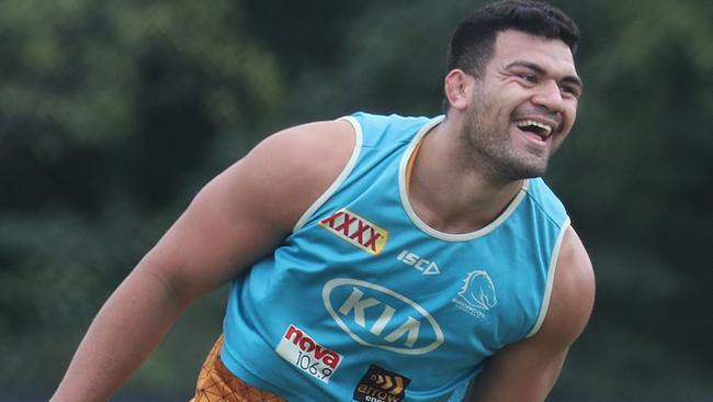 David Fifita was all smiles at Broncos training. Picture: Annette Dew