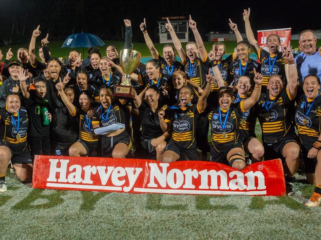 Mounties celebrate their win in the Harvey Norman Women's Premiership grand final. Picture: Thomas Lisson