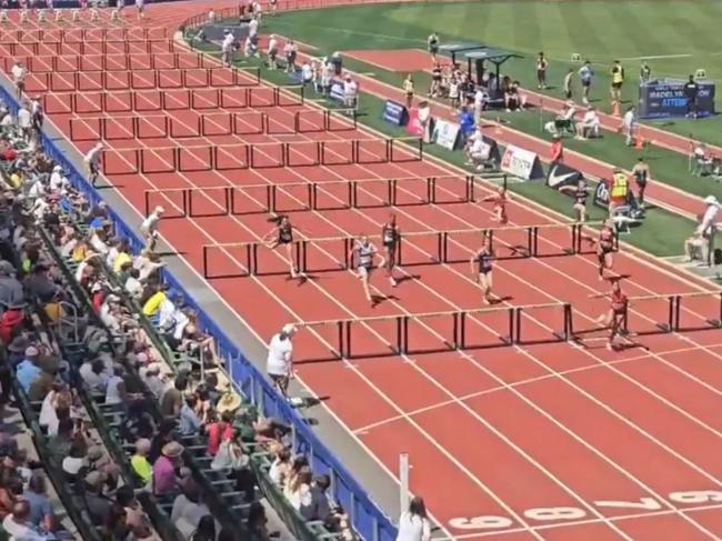 She clipped the final hurdle and fell to the ground. Picture: X