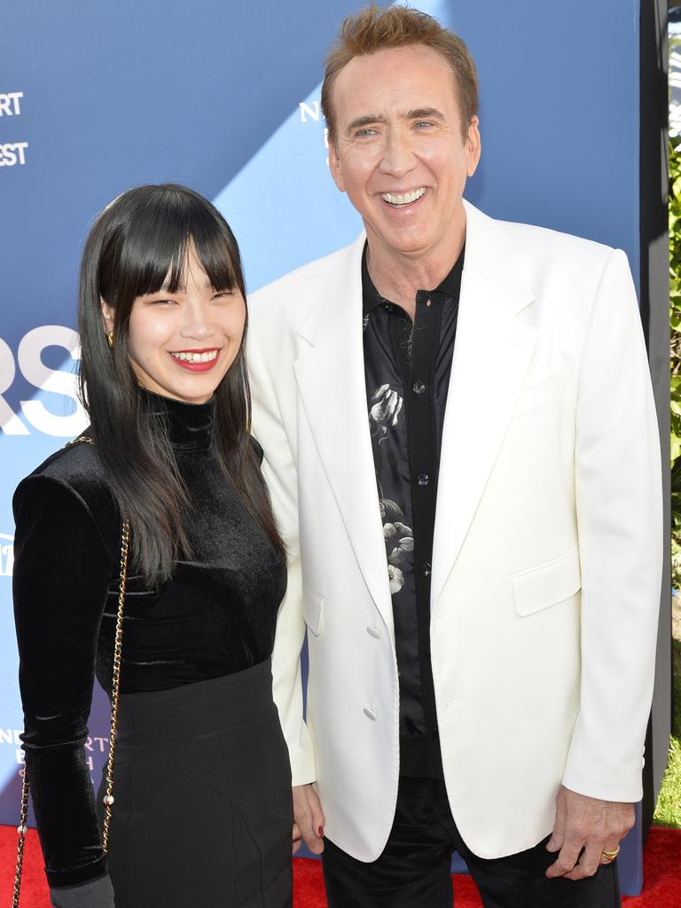 Cage, seen here with wife Riko Shibata, reportedly wears a fat suit on set. Picture: Jerod Harris/Getty Images