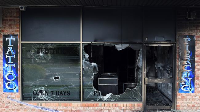 A severely damaged tattoo parlour after a suspicious overnight fire, on Heatherhill Road, Frankston, Victoria, on Thursday, February 20, 2020. (AAP Image/Andrew Batch)