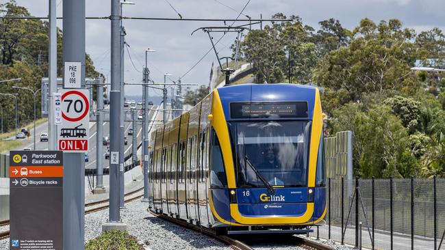 Opening morning of the Stage 2 of the Gold Coast light rail (g:link). The light rail tram at the Parkwood East Station. Picture: Jerad Williams