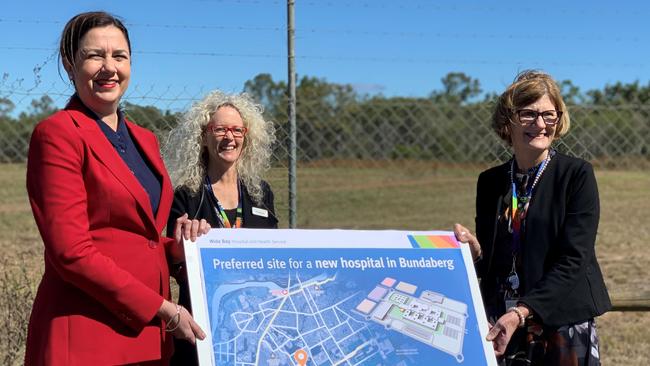 Premier Annastacia Palaszczuk, WBHHS board chair Peta Jamieson and chief executive Deborah Carroll at the site for the new Bundaberg Hospital on July 29, 2020.