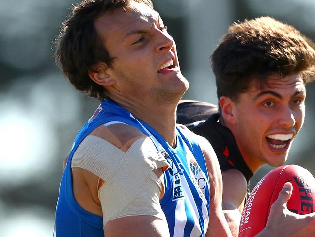 MELBOURNE, AUSTRALIA - JULY 22:  Braydon Preuss of North Melbourne marks the ball during the round 16 VFL match between Frankston and North Melbourne at SkyBus Stadium on July 22, 2018 in Melbourne, Australia.  (Photo by Kelly Defina/AFL Media/Getty Images)