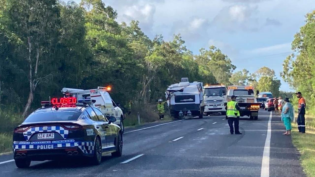 Allen Goodall's caravan was extensively damaged in a three-vehicle crash on Yakapari Seaforth Rd near Seaforth about 3.45pm Friday. Picture: Madeleine Graham