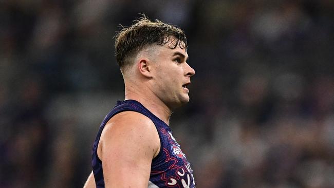 PERTH, AUSTRALIA - MAY 24: Sean Darcy of the Dockers kicks a goal during the 2024 AFL Round 11 match between Walyalup (Fremantle) and the Collingwood Magpies at Optus Stadium on May 24, 2024 in Perth, Australia. (Photo by Daniel Carson/AFL Photos via Getty Images)