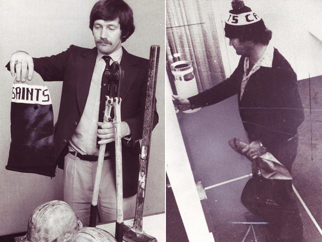 Left, an investigator holds up a Saint beanie among items used in a 1980s robbery. Right, a criminal Cats fan after robbing a Chadstone building society fund in 1981.