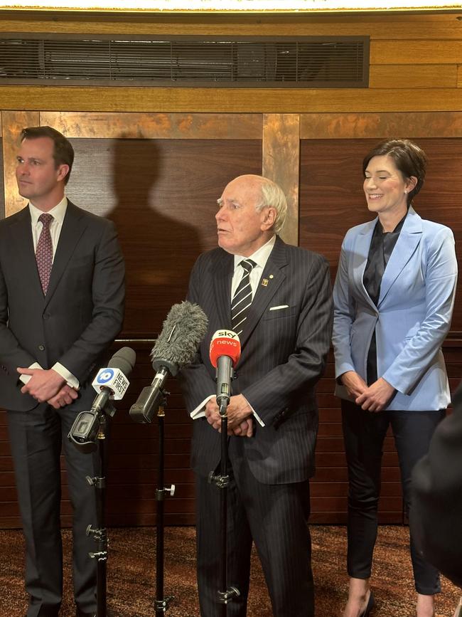 Former prime minister John Howard appeared at the Arkaba Hotel in Adelaide on Thursday, in support of James Stevens and Nicolle Flint – as they start their campaigns for the federal seats of Sturt and Boothby. Picture: Leon Georgiou