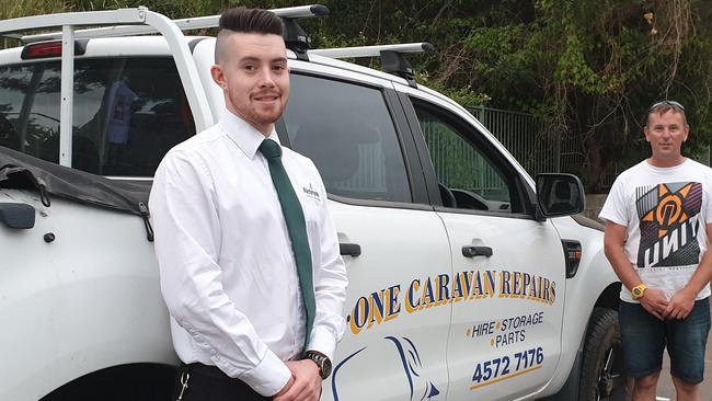 Pictured are Richmond Club's duty manager Luke Spithill and A One Caravan Repairs owner Matthew Smith in Richmond Club's carpark where caravans are ready to receive evacuees.