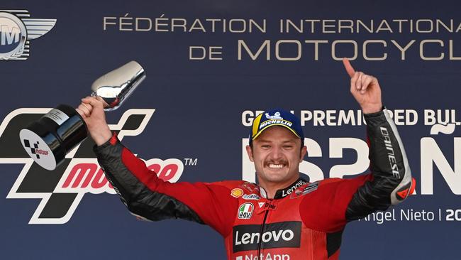 Jack Miller celebrates on the podium after winning the Spanish Grand Prix. Picture: AFP