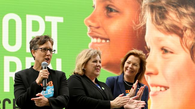 ACTU secretary Sally McManus, Australian Education Union president Correna Haythorpe and ACTU President Michele O’Neill. Picture: Stuart McEvoy