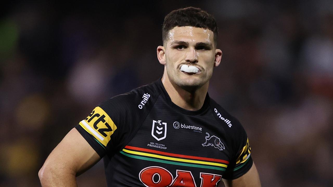 PENRITH, AUSTRALIA - AUGUST 24: Nathan Cleary of the Panthers looks on during the round 26 NRL match between Penrith Panthers and Parramatta Eels at BlueBet Stadium on August 24, 2023 in Penrith, Australia. (Photo by Mark Metcalfe/Getty Images)